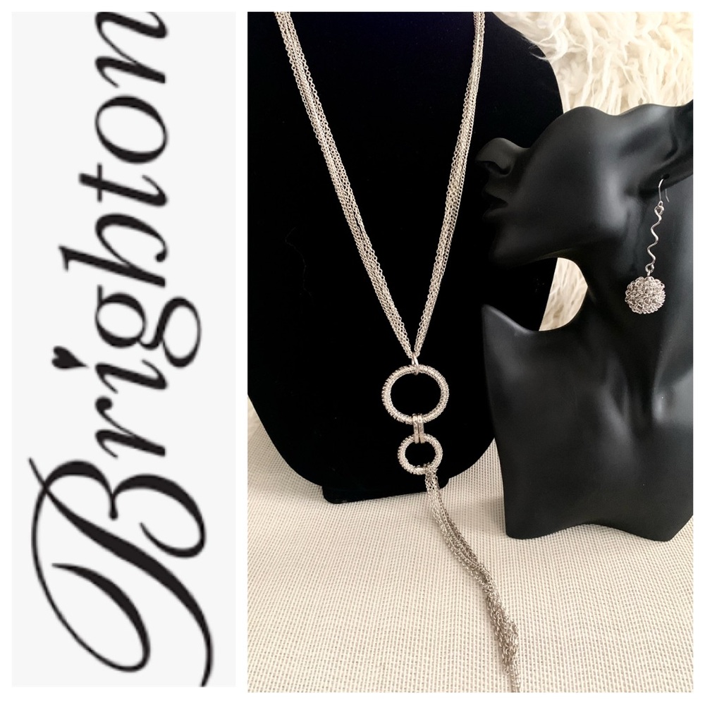 Silver Tone Multi Strand Chain Necklace & Dangling Metal Mesh Ball Earrings